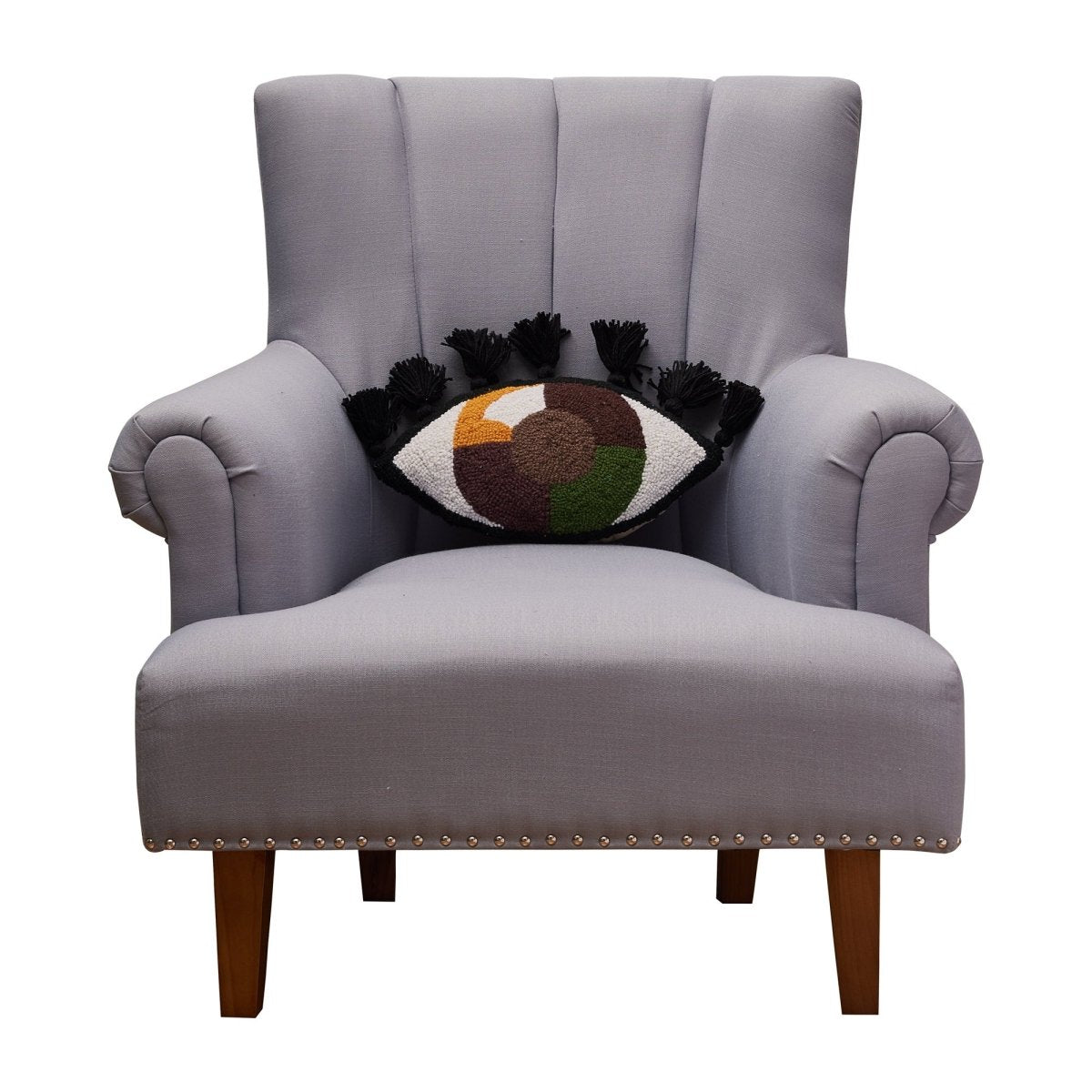 Eye Love You Hooked Wool Throw Pillow on an armchair, showing the throw pillow at room scale, 9x16 inch