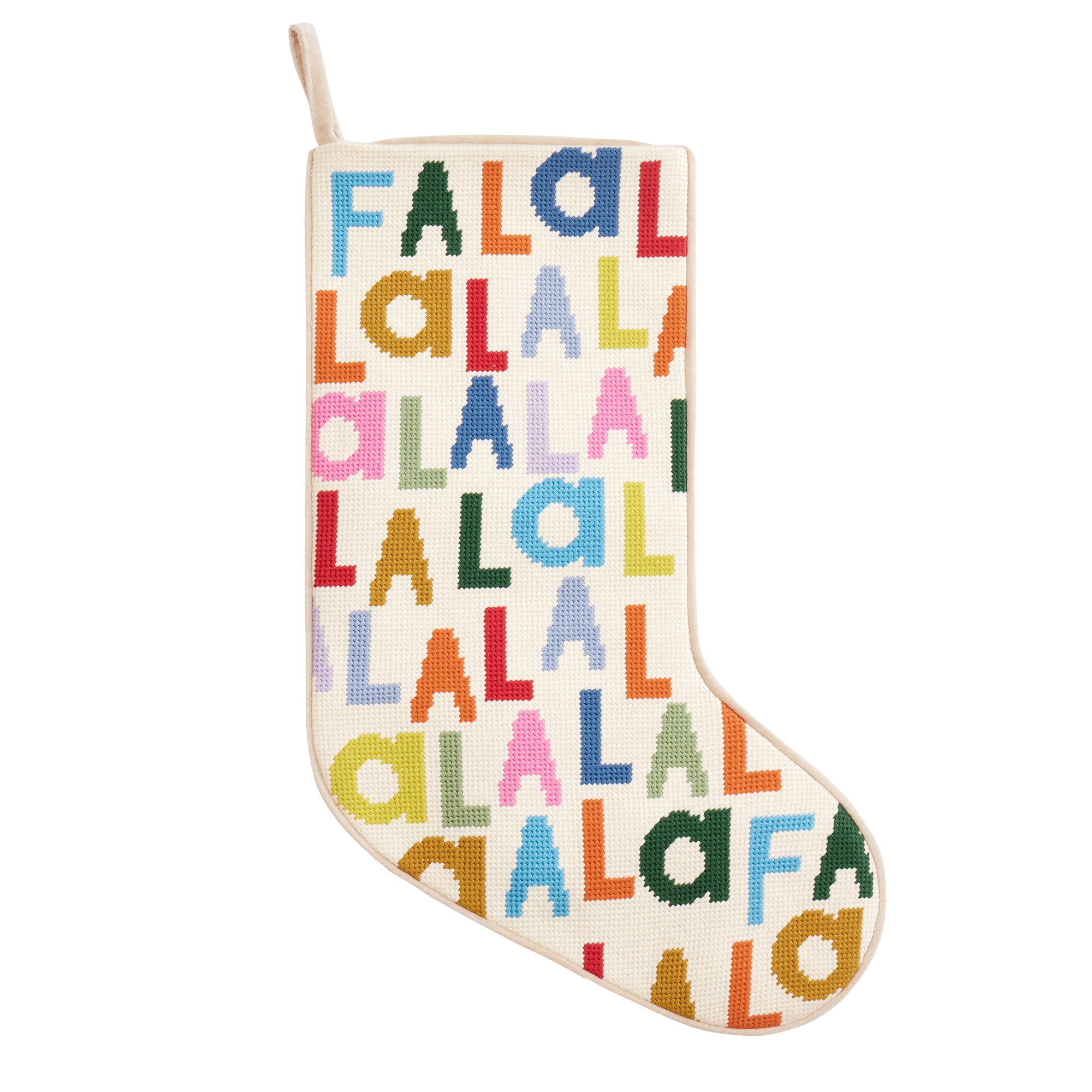 Fa La La Embroidered Needlepoint Christmas Stocking, 11x18 inch, front view