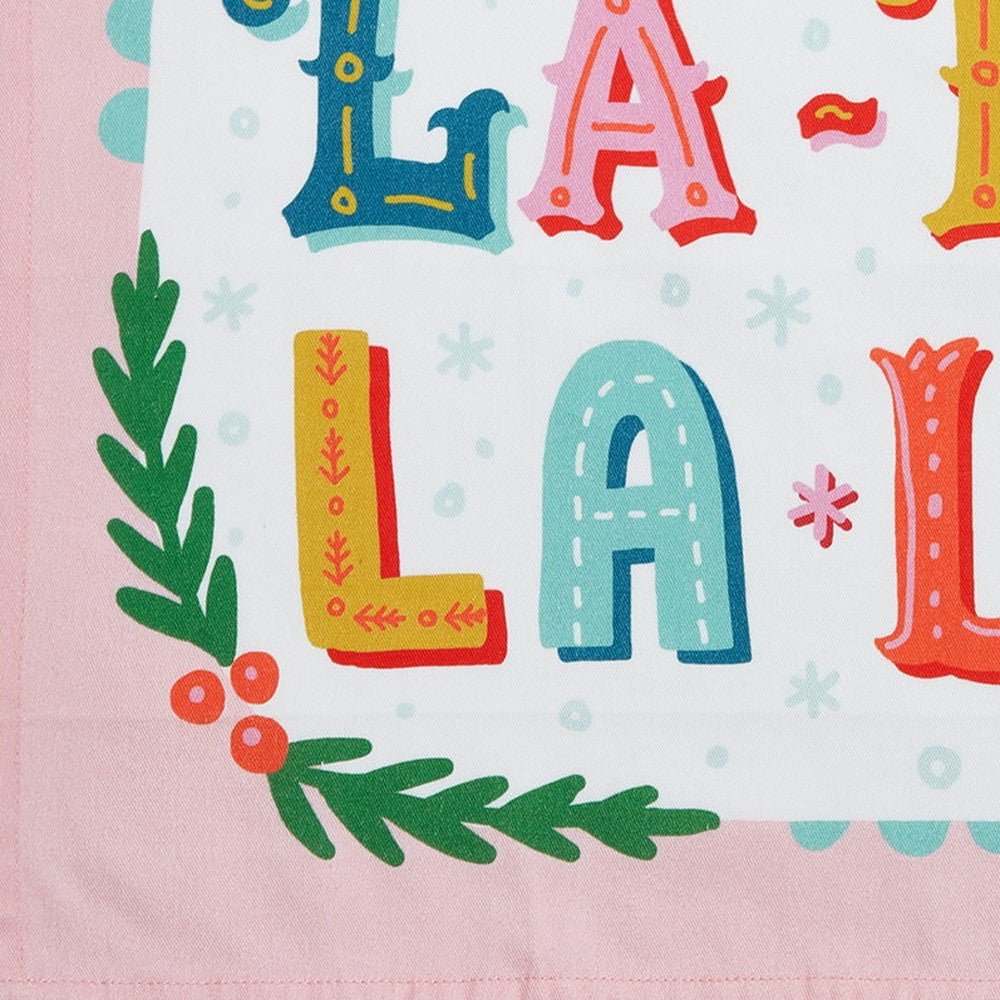 Closeup of Fa La La La Christmas Kitchen Towel showing print and fabric detail