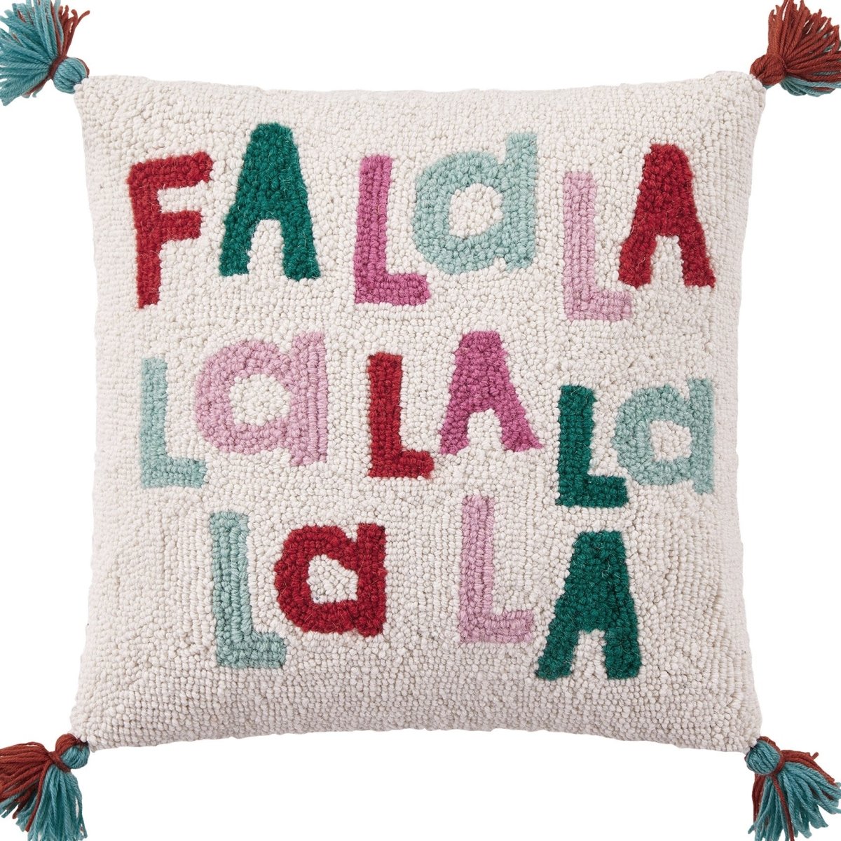 Fa La La La with Tassels Hooked Wool Christmas Throw Pillow, close-up detail