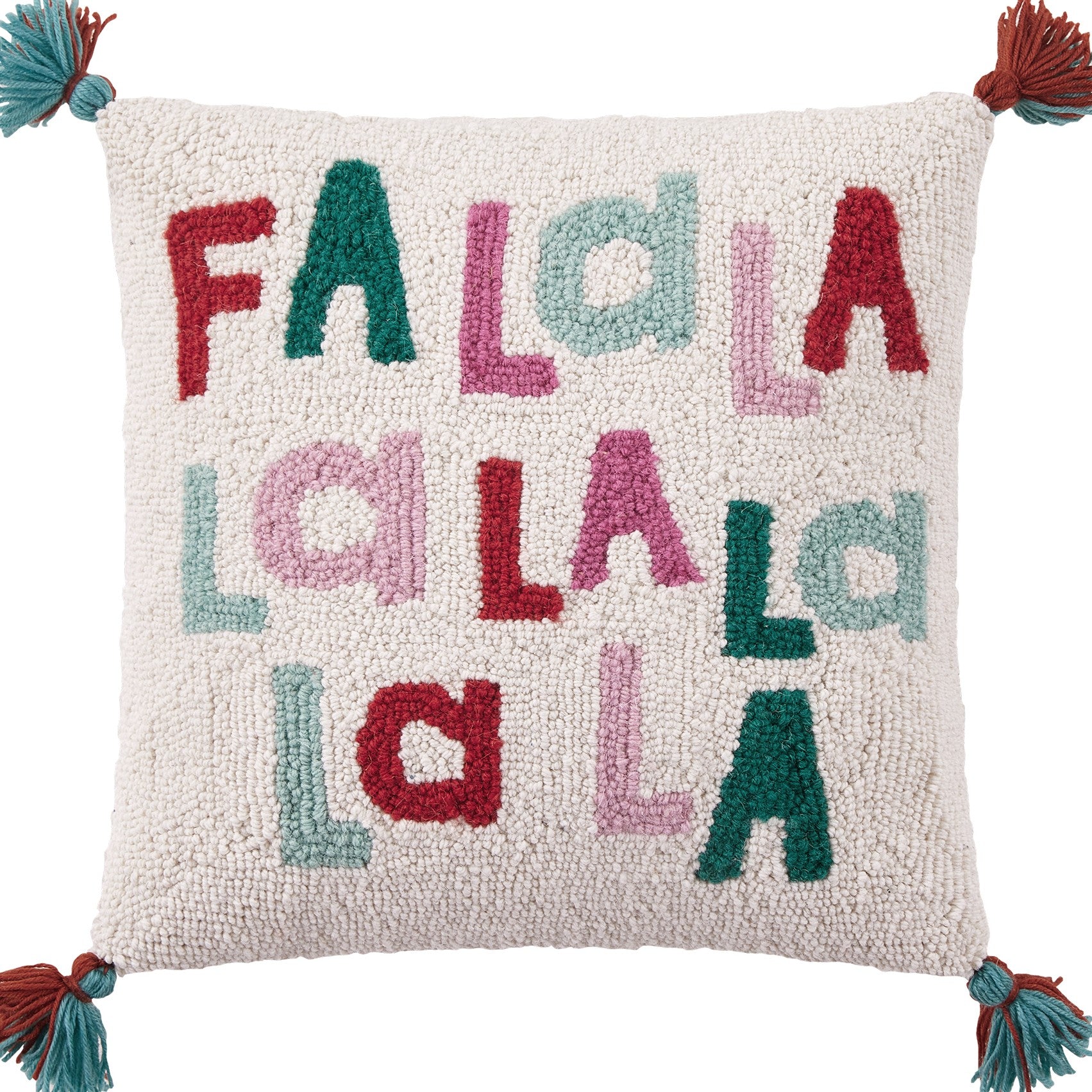 Fa La La La with Tassels Hooked Wool Christmas Throw Pillow, close-up detail
