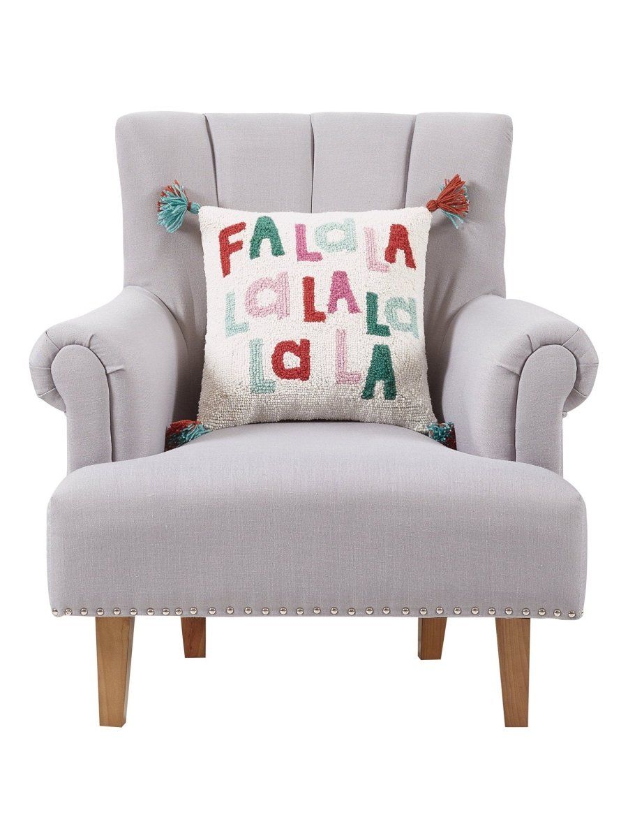 Fa La La La with Tassels Hooked Wool Christmas Throw Pillow on an armchair, showing the throw pillow at room scale, 16x16 inch