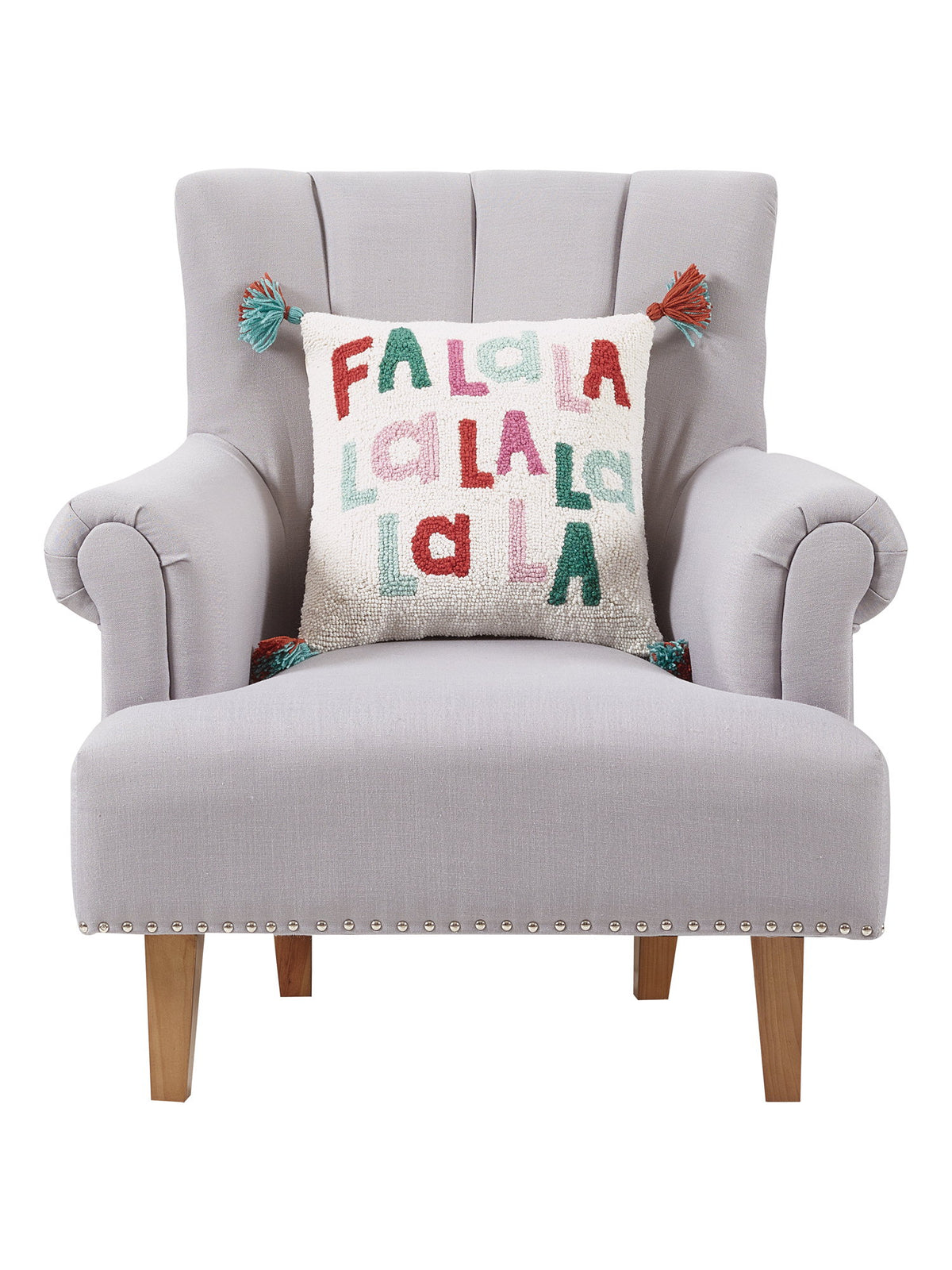 Fa La La La with Tassels Hooked Wool Christmas Throw Pillow on an armchair, showing the throw pillow at room scale, 16x16 inch
