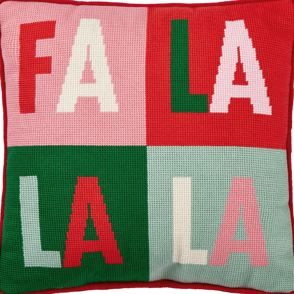 Fa La La Quadrant Embroidered Needlepoint Throw Pillow, close-up detail