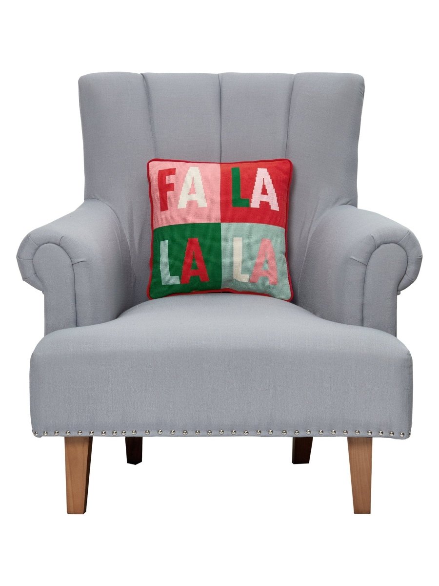 Fa La La Quadrant Embroidered Needlepoint Throw Pillow on an armchair, showing the throw pillow at room scale, 14x14 inch