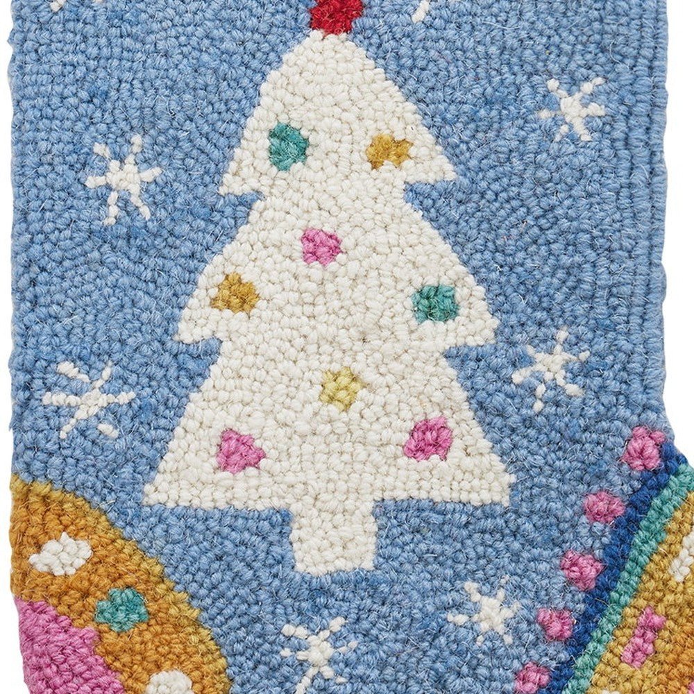 Closeup of Fair Isle Tree with Tass Hooked Wool Christmas Stocking showing stitch texture and craftsmanship detail