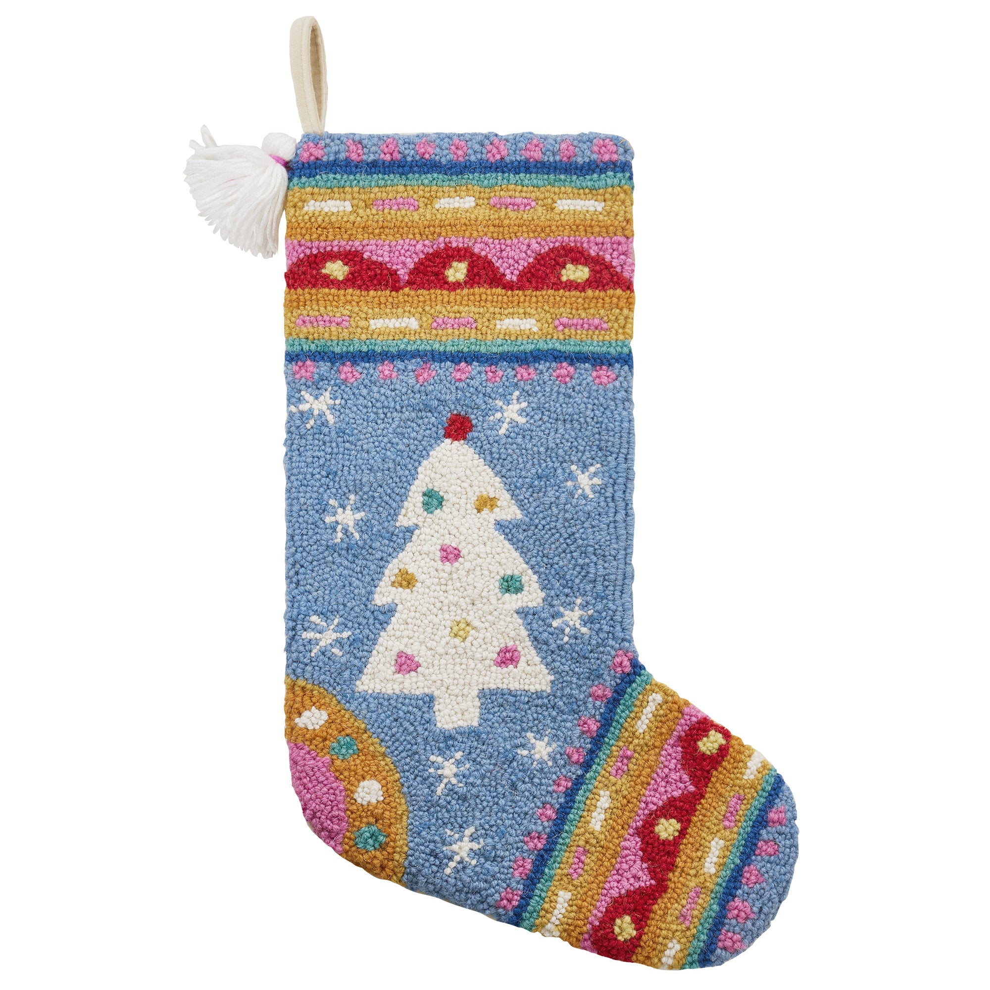 Fair Isle Tree with Tass Hooked Wool Christmas Stocking, 12x20 inch, front view