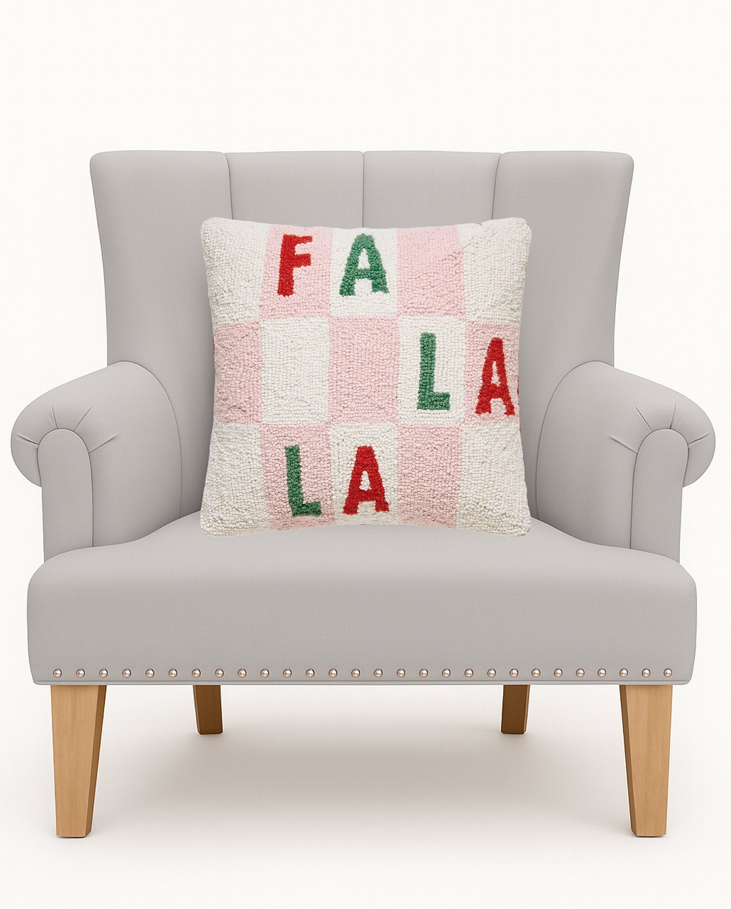 Falala Checker Hooked Wool Christmas Throw Pillow on an armchair, showing the throw pillow at room scale, 16x16 inch