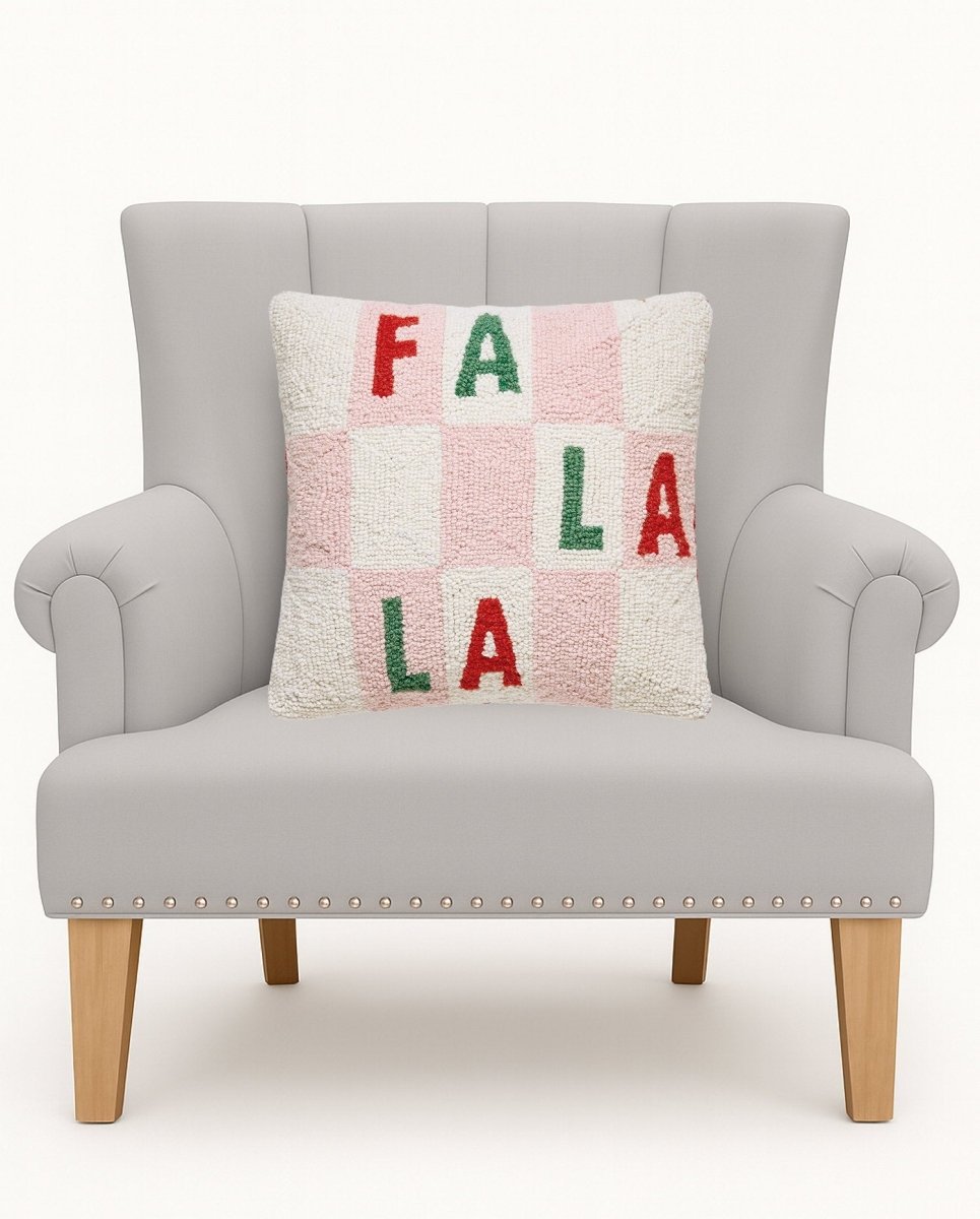 Falala Checker Hooked Wool Christmas Throw Pillow on an armchair, showing the throw pillow at room scale, 16x16 inch