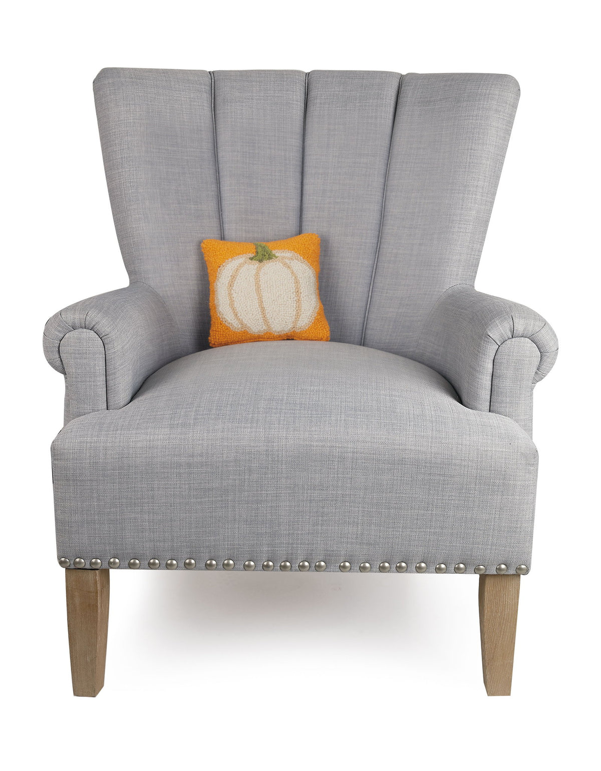 Fall Pumpkin Hooked Wool Throw Pillow on an armchair, showing the throw pillow at room scale, 8x8 inch