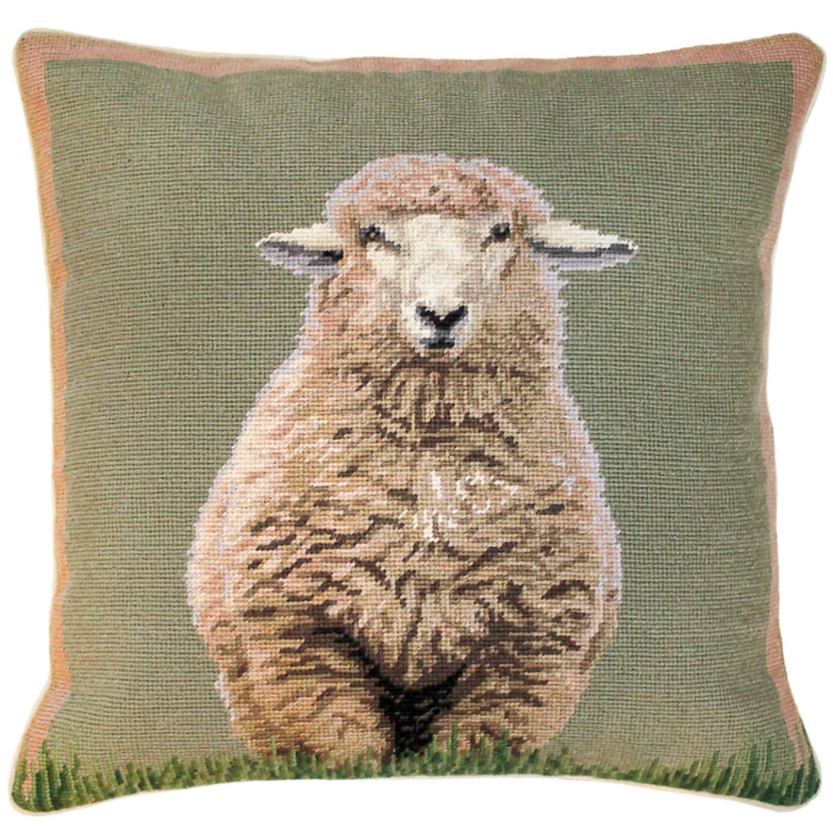 Farmhouse Sheep needlepoint throw pillow with rustic nature wildlife lodge design