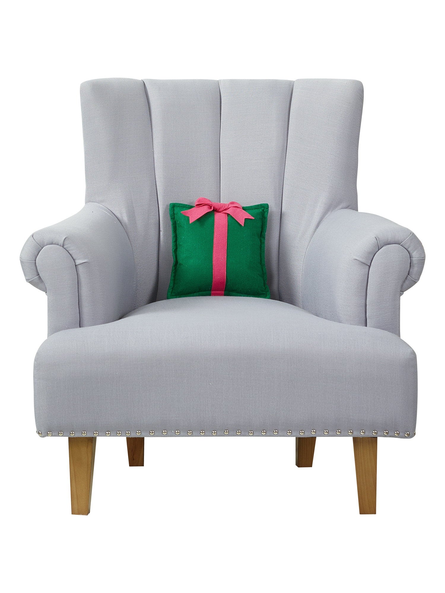 Felt Green Present Embroidered Throw Pillow on an armchair, showing the throw pillow at room scale, 10x10 inch