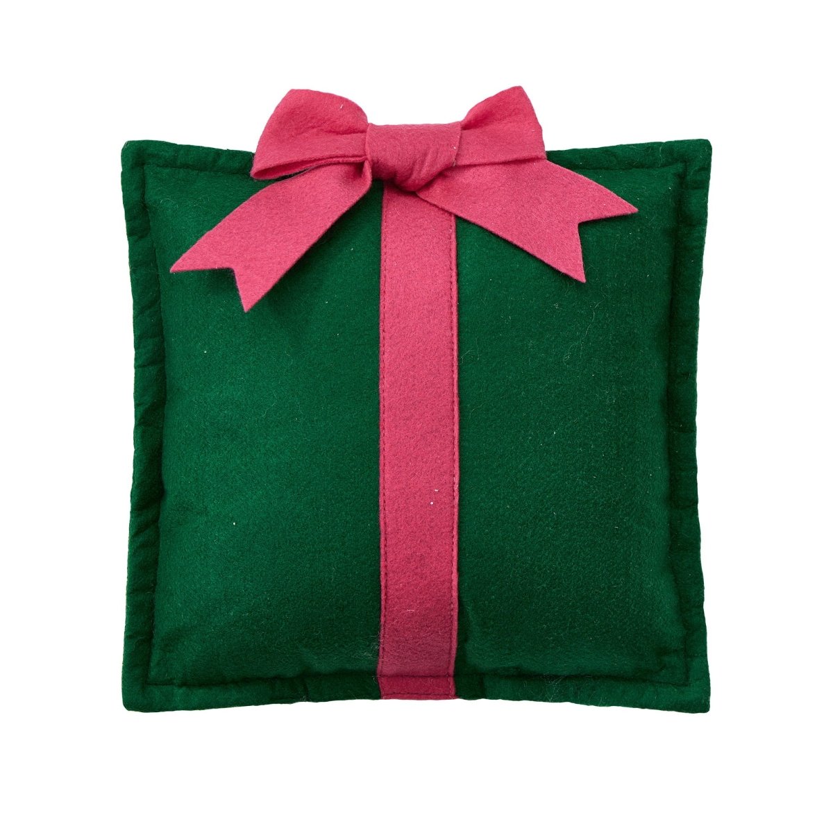 Felt Green Present Embroidered Throw Pillow, 10x10 inch, front view