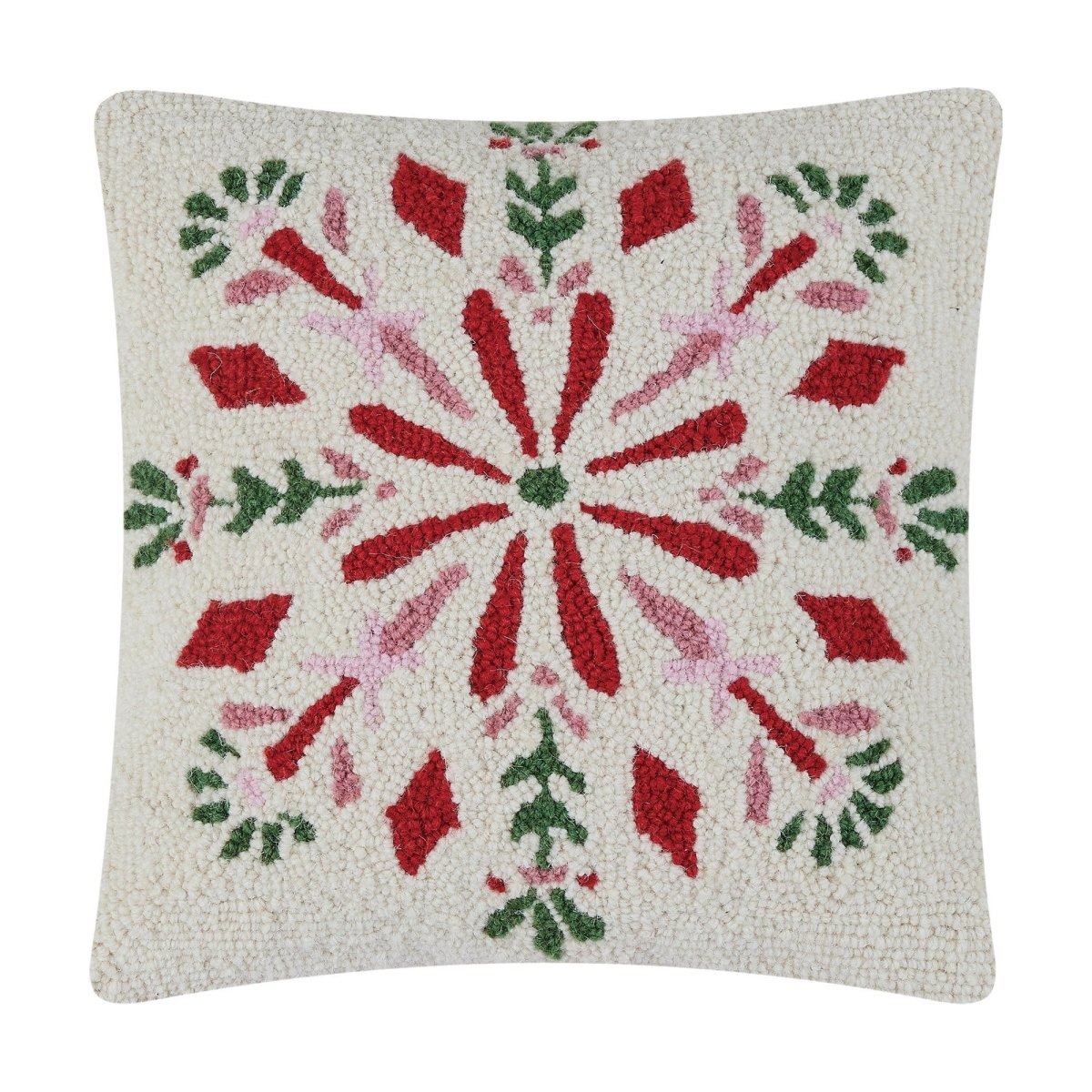 Festive Folk Snowflake Hooked Wool Christmas Throw Pillow, 16x16 inch, front view
