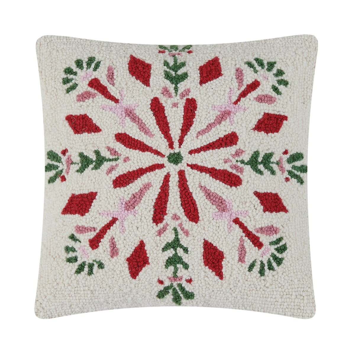 Festive Folk Snowflake Hooked Wool Christmas Throw Pillow, 16x16 inch, front view