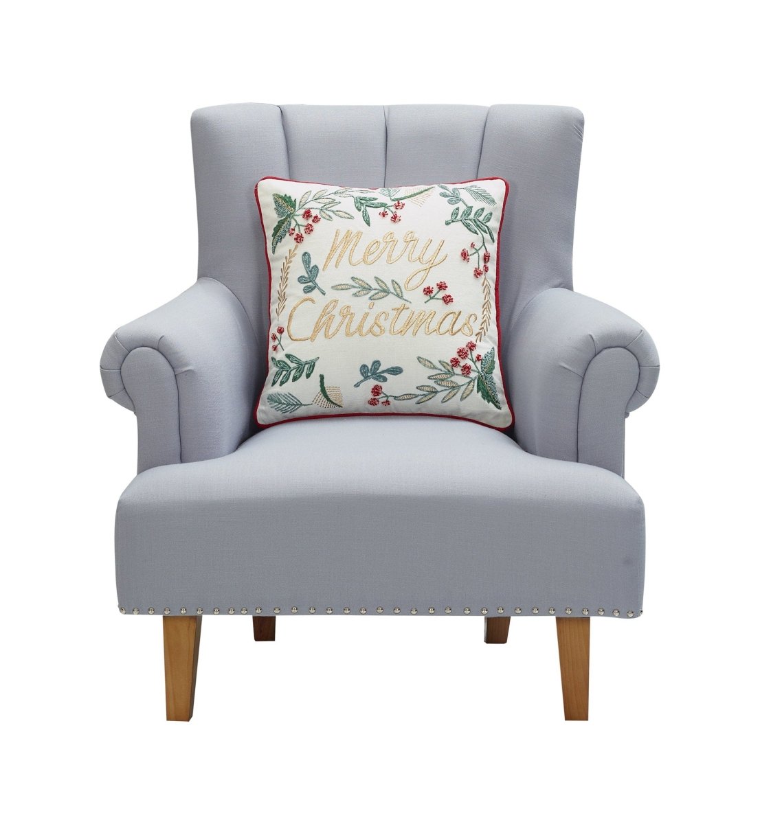Festive Greenery Embroidered Christmas Throw Pillow on an armchair, showing the throw pillow at room scale, 18x18 inch