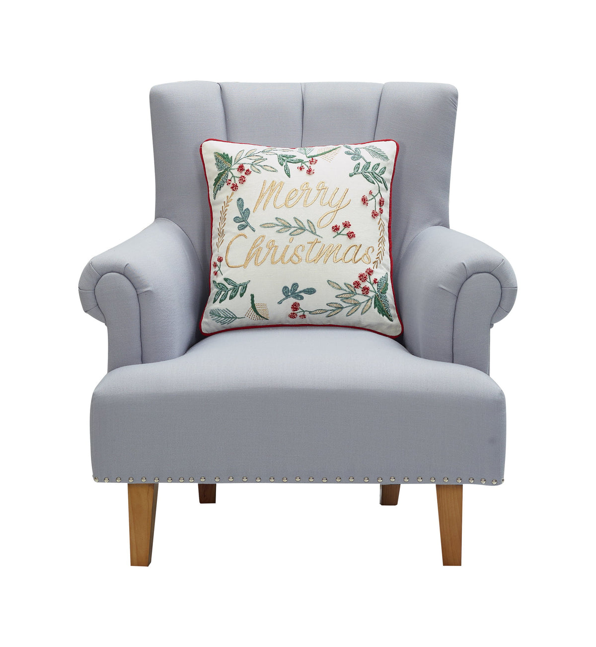 Festive Greenery Embroidered Christmas Throw Pillow on an armchair, showing the throw pillow at room scale, 18x18 inch