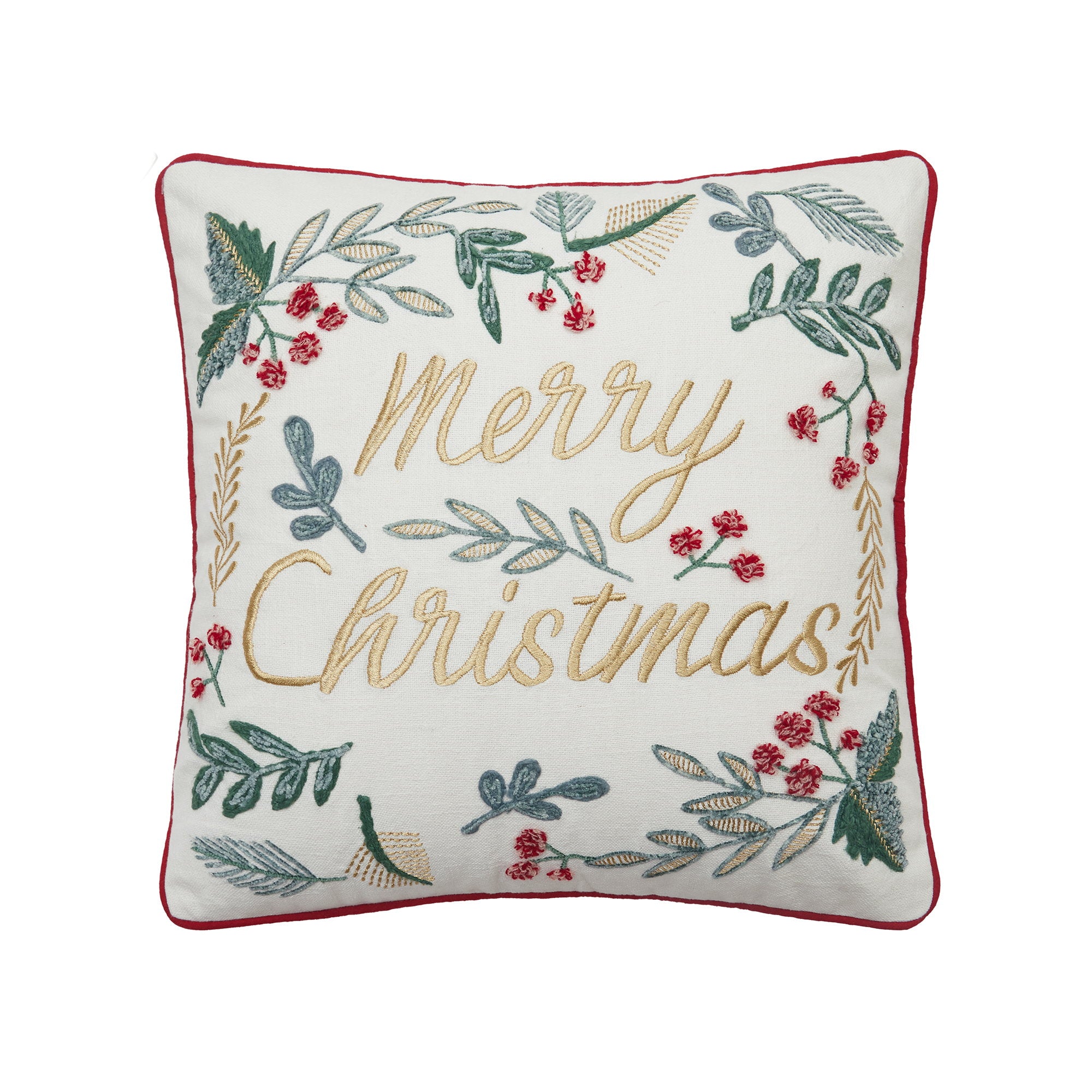 Festive Greenery Embroidered Christmas Throw Pillow, 18x18 inch, front view