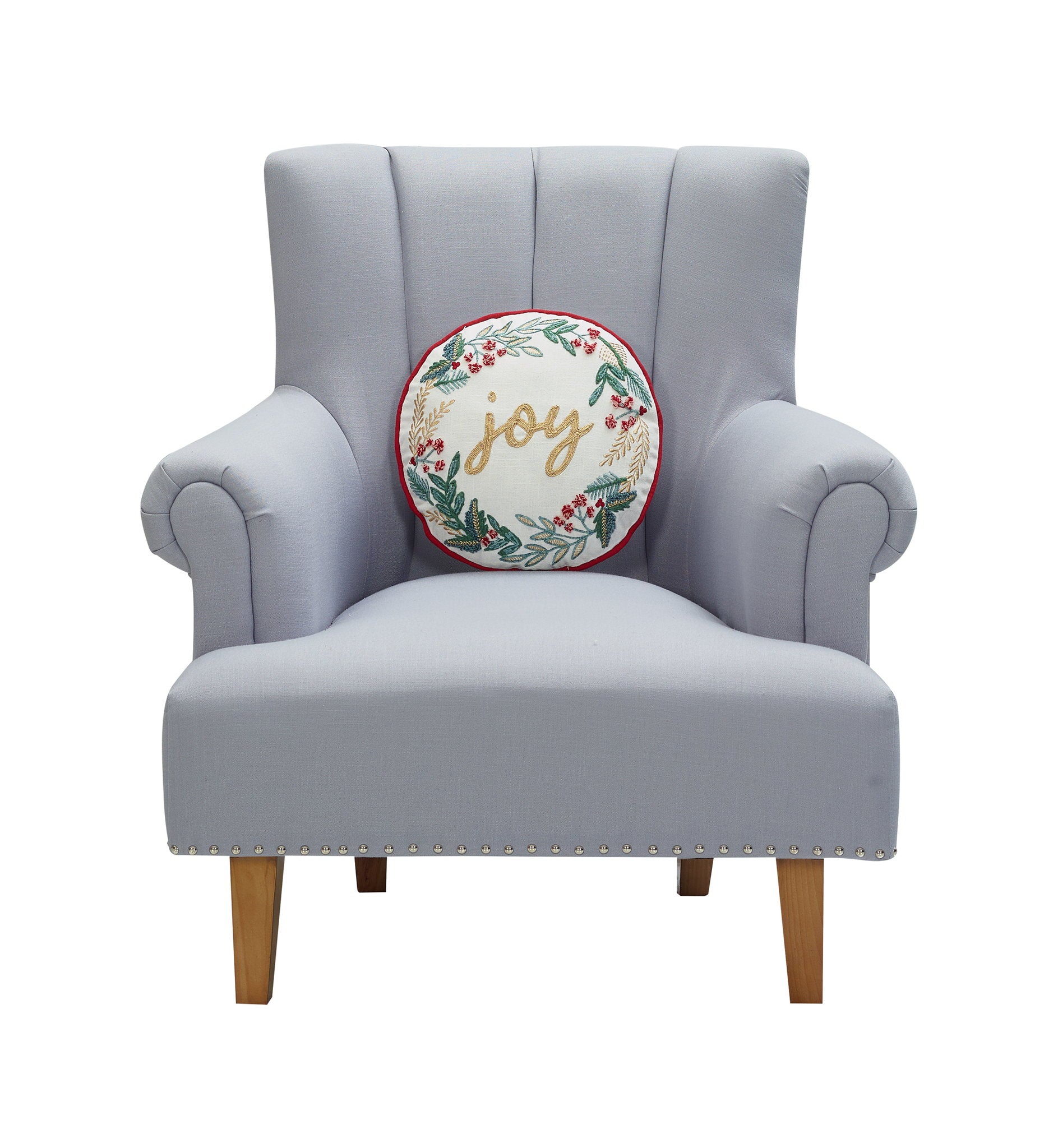 Festive Greenery Joy Filled Embroidered Christmas Throw Pillow on an armchair, showing the throw pillow at room scale, 14x14 inch