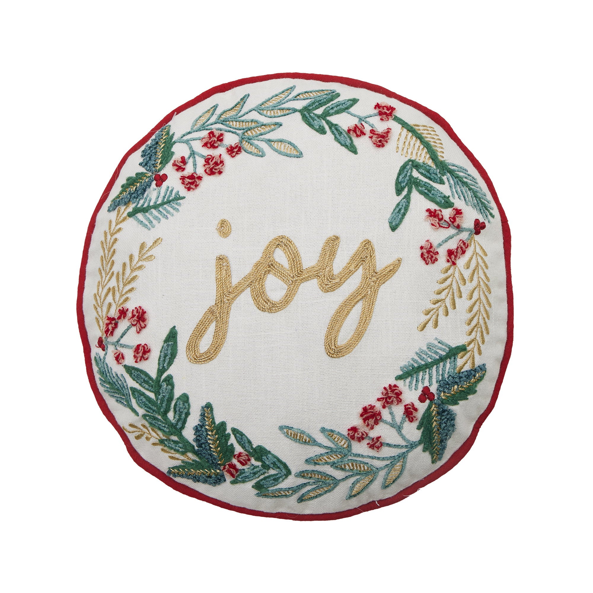 Festive Greenery Joy Filled Embroidered Christmas Throw Pillow, 14x14 inch, front view