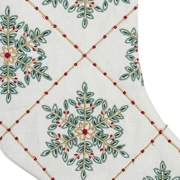 Festive Greenery Snowflakes Embroidered Christmas Stocking, close-up detail