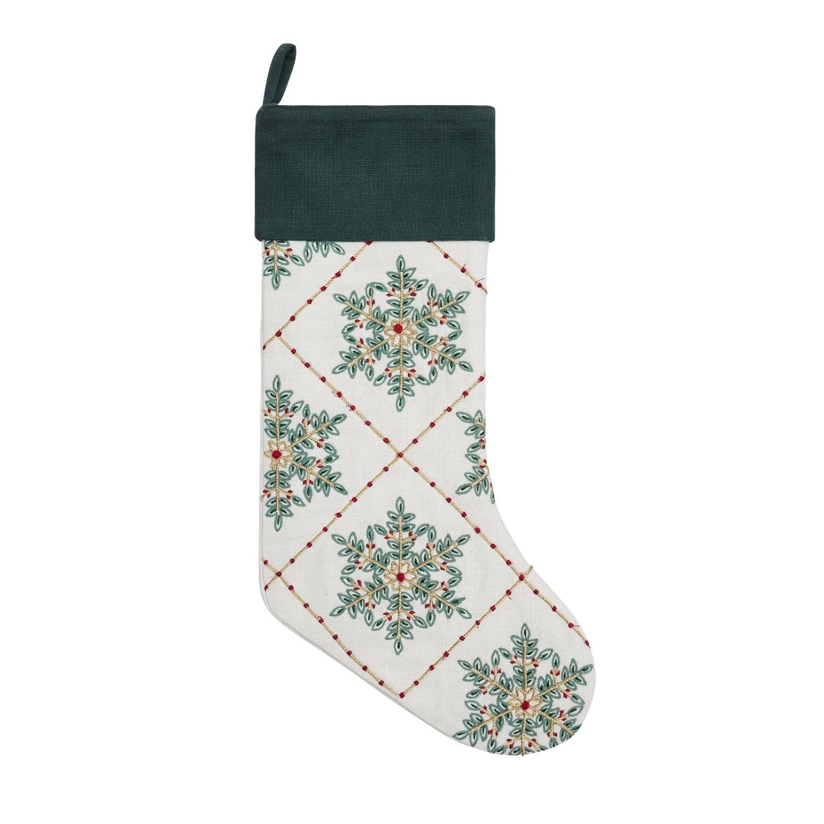 Festive Greenery Snowflakes Embroidered Christmas Stocking, 11x20 inch, front view