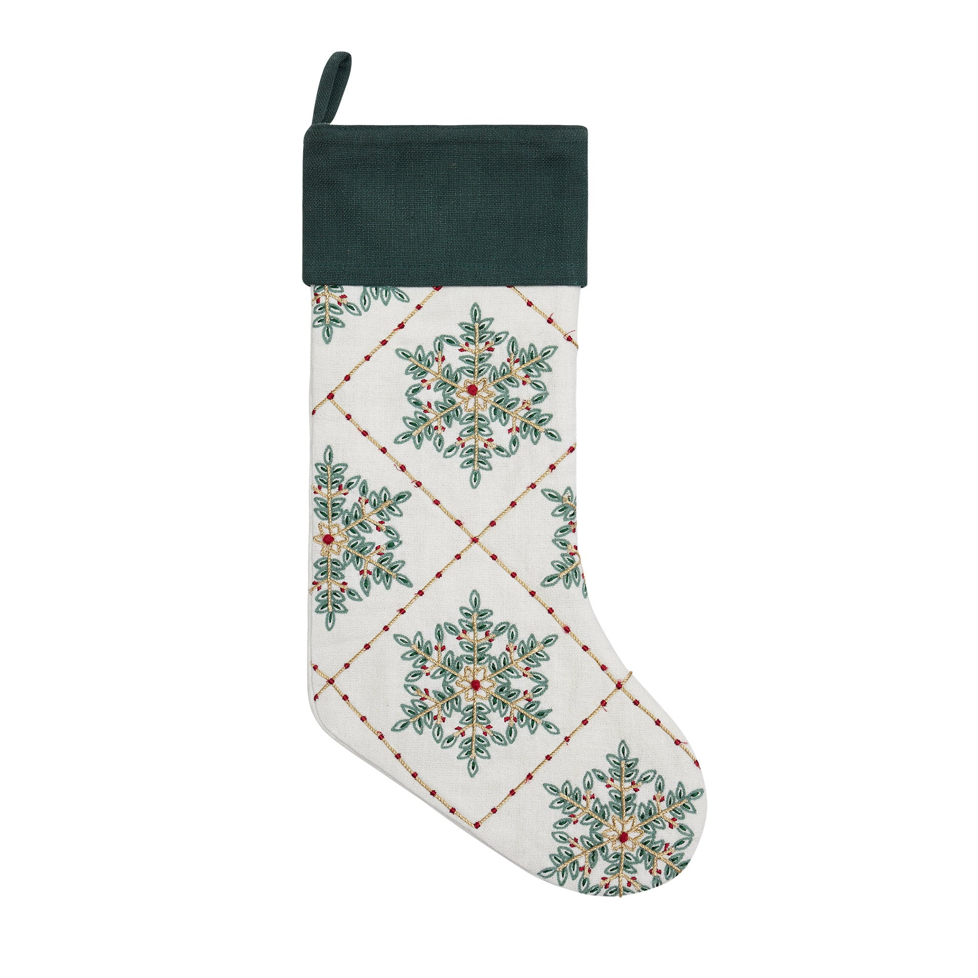 Festive Greenery Snowflakes Embroidered Christmas Stocking, 11x20 inch, front view