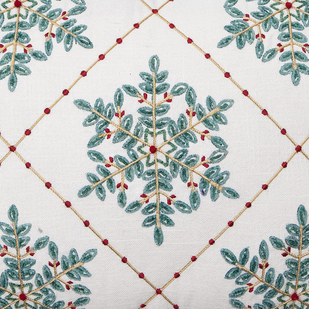 Festive Greenery Snowflakes Embroidered Christmas Throw Pillow, close-up detail