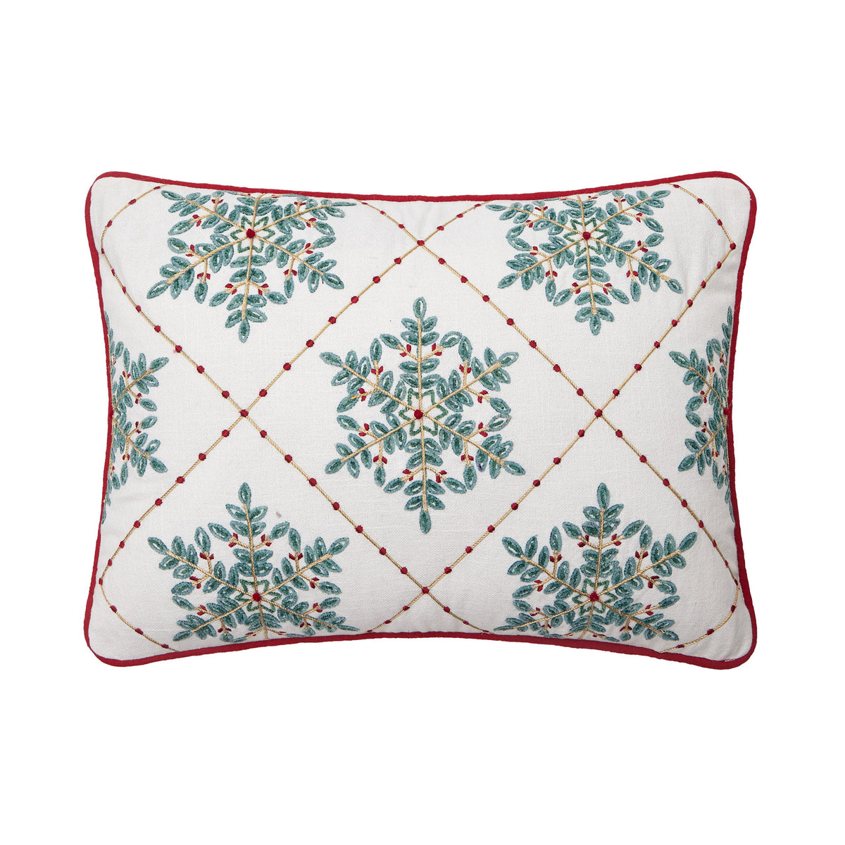 Festive Greenery Snowflakes Embroidered Christmas Throw Pillow, 14x20 inch, front view