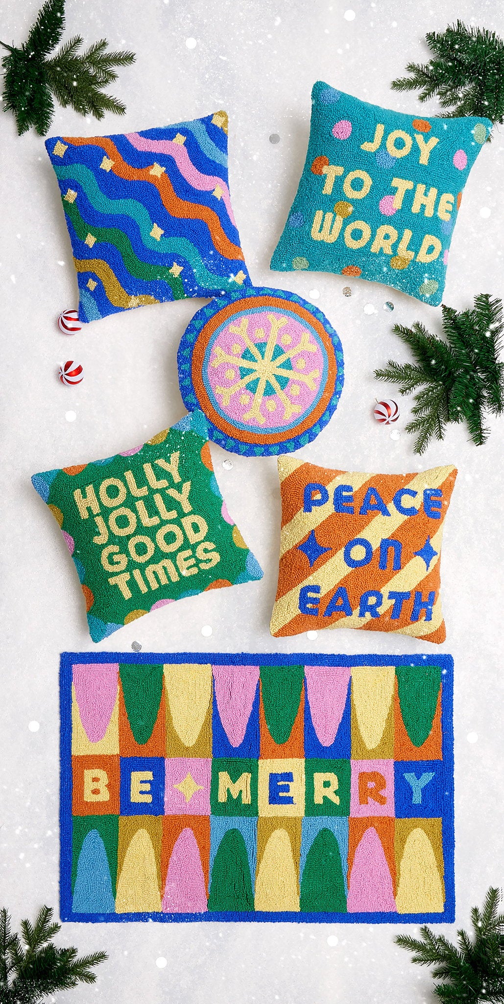 Festive Mandala Hooked Wool Christmas Throw Pillow shown alongside other designs in the same collection, 16x16 inch