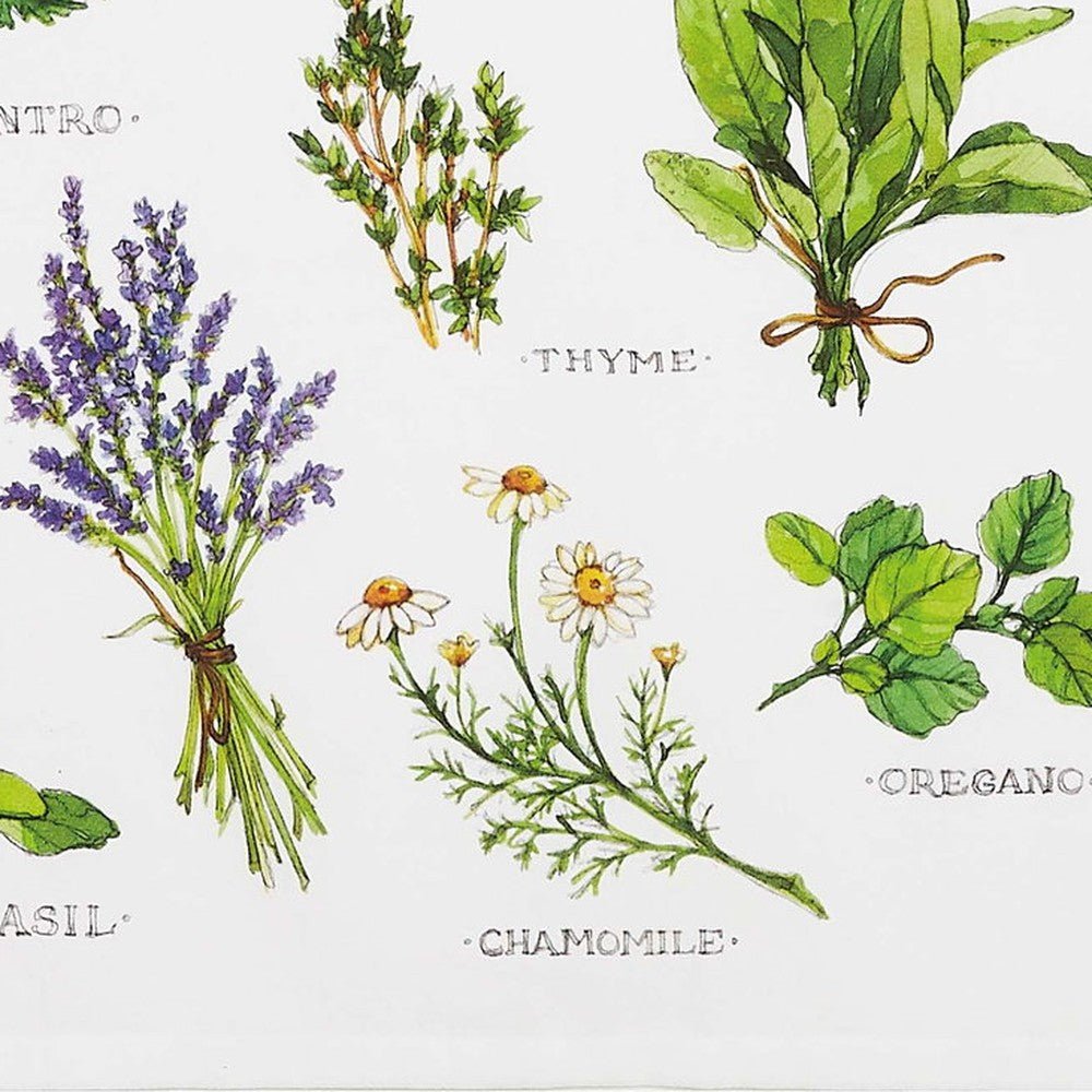 Closeup of Field Guide Herbs Flour Sack Kitchen Towel showing print and fabric detail