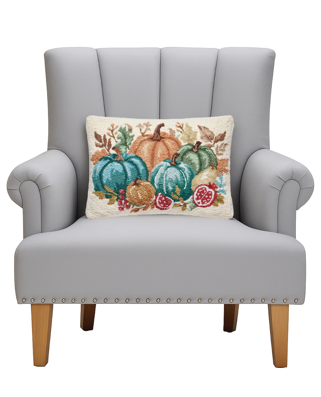 Fig and Pear Teal Harvest Hooked Wool Fall Harvest Throw Pillow on an armchair, showing the throw pillow at room scale, 14x20 inch