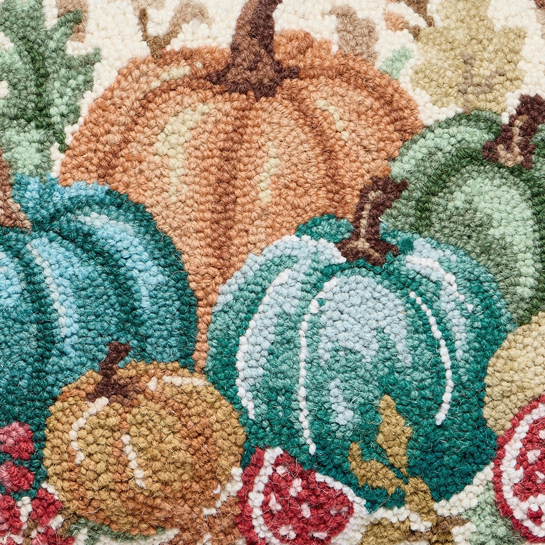 Fig and Pear Teal Harvest Hooked Wool Fall Harvest Throw Pillow, close-up detail