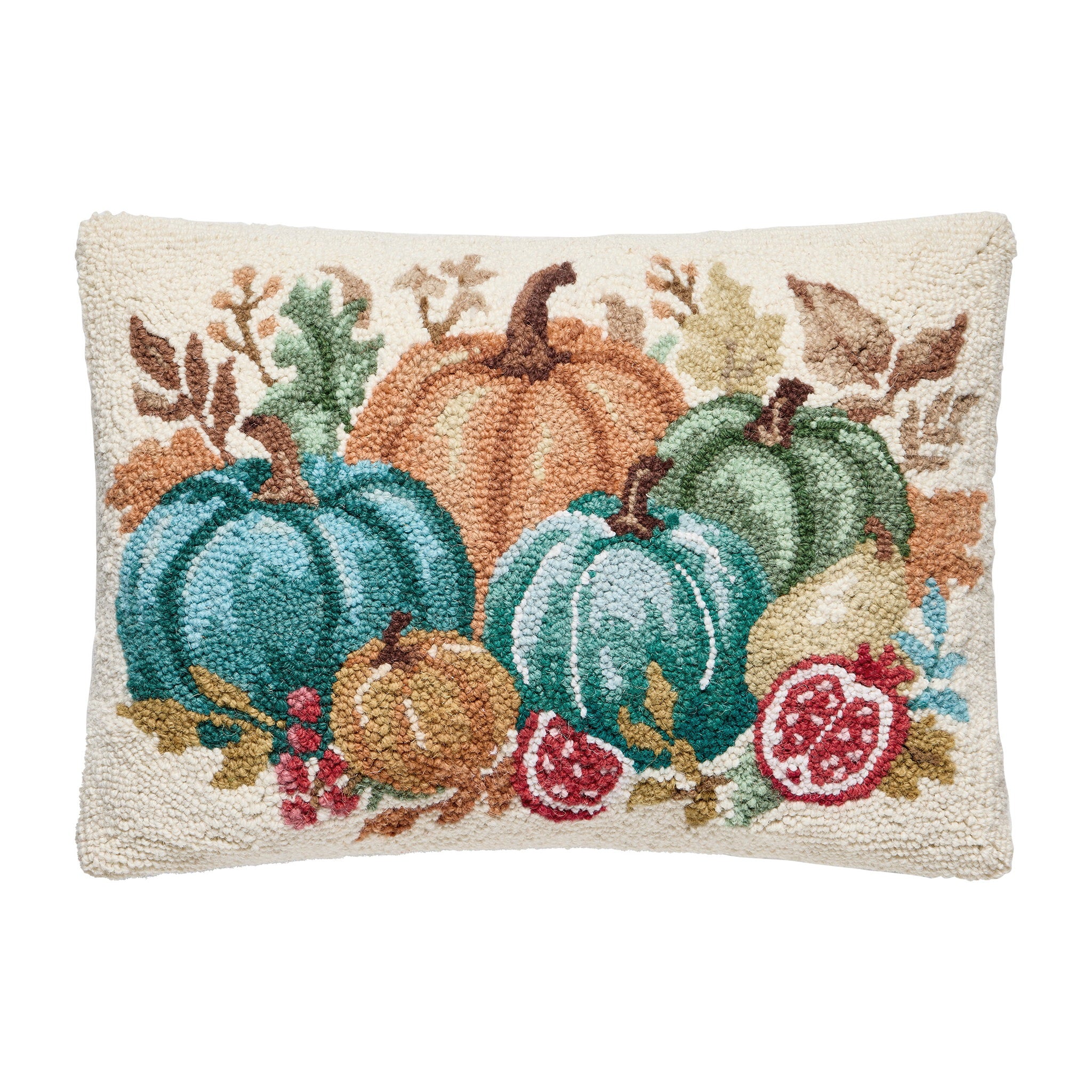 Fig and Pear Teal Harvest Hooked Wool Fall Harvest Throw Pillow, 14x20 inch, front view