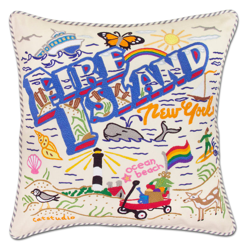 Fire Island Dunes embroidered throw pillow with beach dunes.