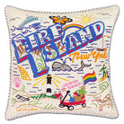 Fire Island Dunes hand-embroidered throw pillow showcasing iconic landmarks