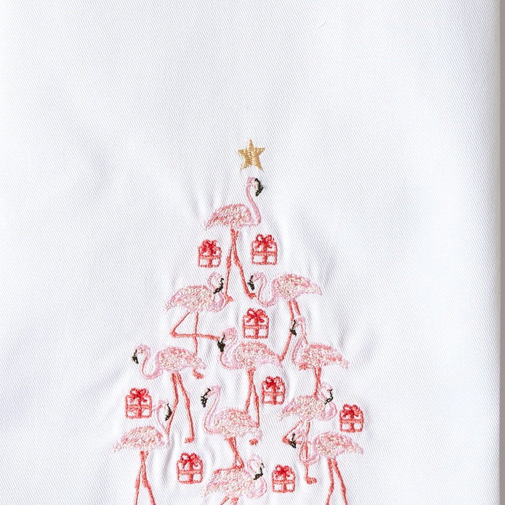 Closeup of Flamingo Tree Embroidered Christmas Kitchen Towel showing stitch texture and craftsmanship detail