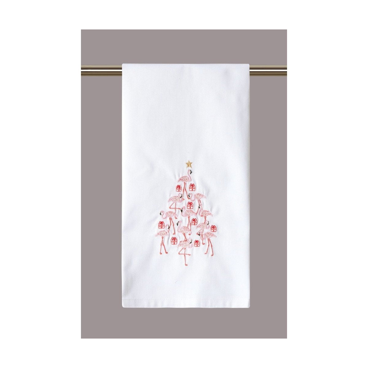 Flamingo Tree Embroidered Christmas Kitchen Towel, 16x25 inch, front view