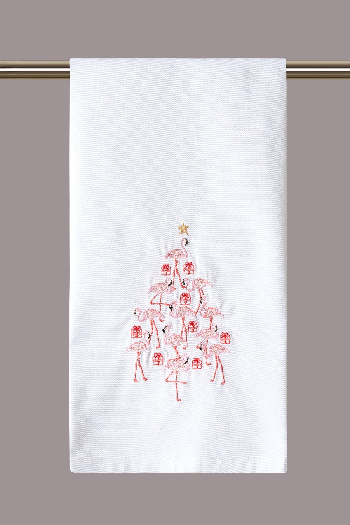 Flamingo Tree Embroidered Christmas Kitchen Towel, 16x25 inch, front view