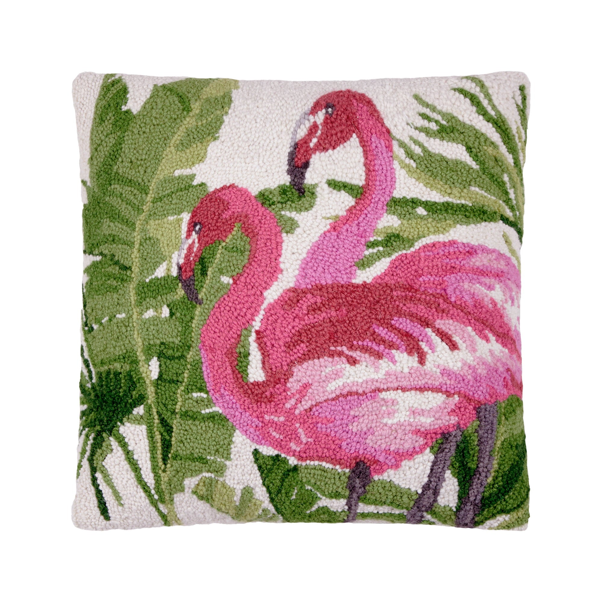 Flamingo Tropics Hooked Wool Throw Pillow, 18x18 inch, front view