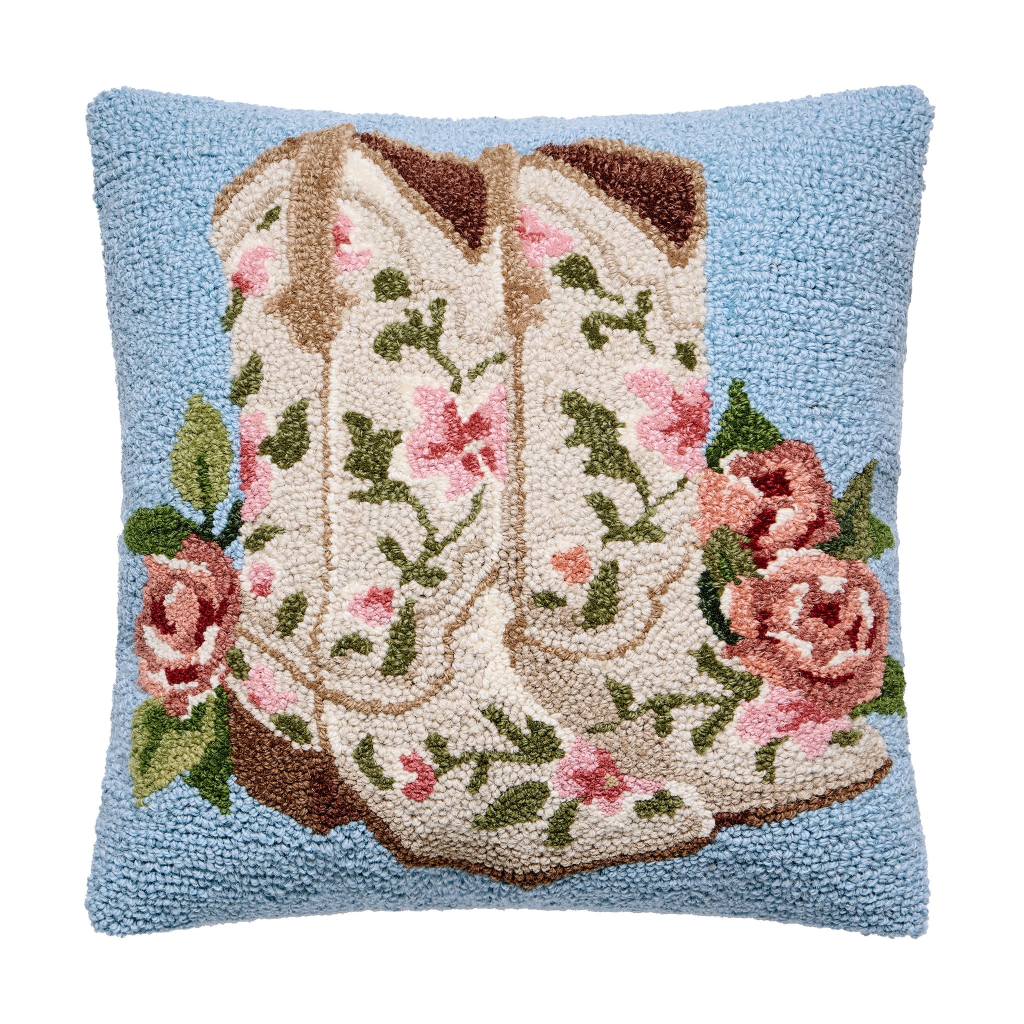 Floral Cowgirl Boots Hooked Wool Throw Pillow, 16x16 inch, front view