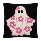 Floral Ghost Hooked Wool Halloween Throw Pillow, 12x12 inch, front view