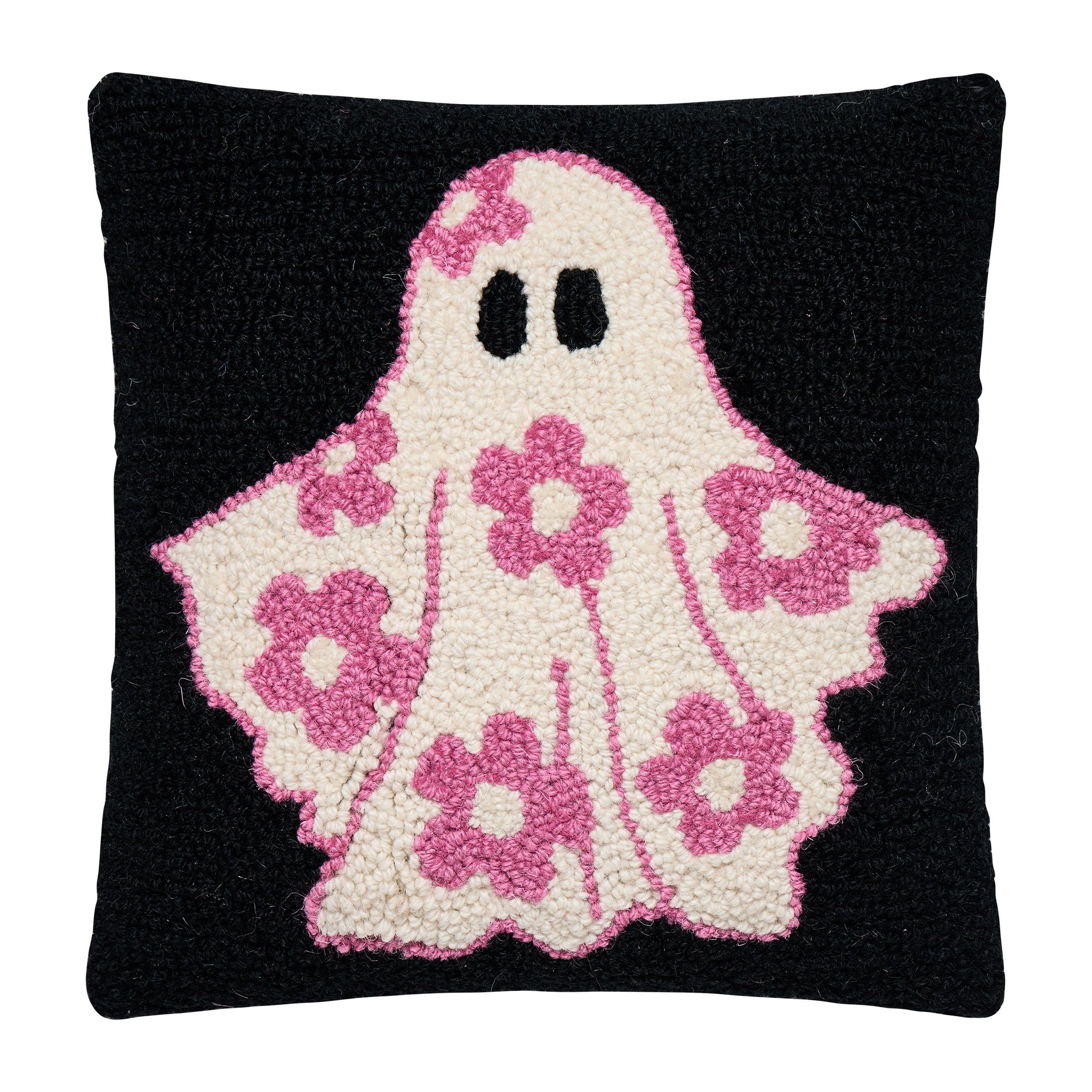 Floral Ghost Hooked Wool Halloween Throw Pillow, 12x12 inch, front view