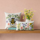 Floral Natural Bee Embroidered Throw Pillow shown alongside other designs in the same collection, 16x16 inch