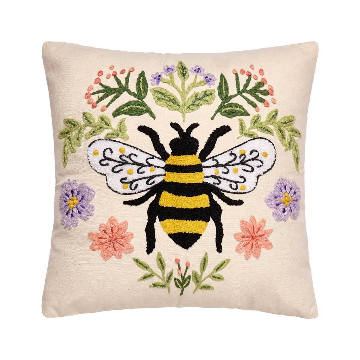 Floral Natural Bee Embroidered Throw Pillow, 16x16 inch, front view