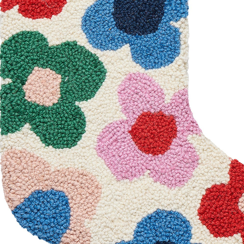 Floral Toss Hooked Wool Christmas Stocking, close-up detail