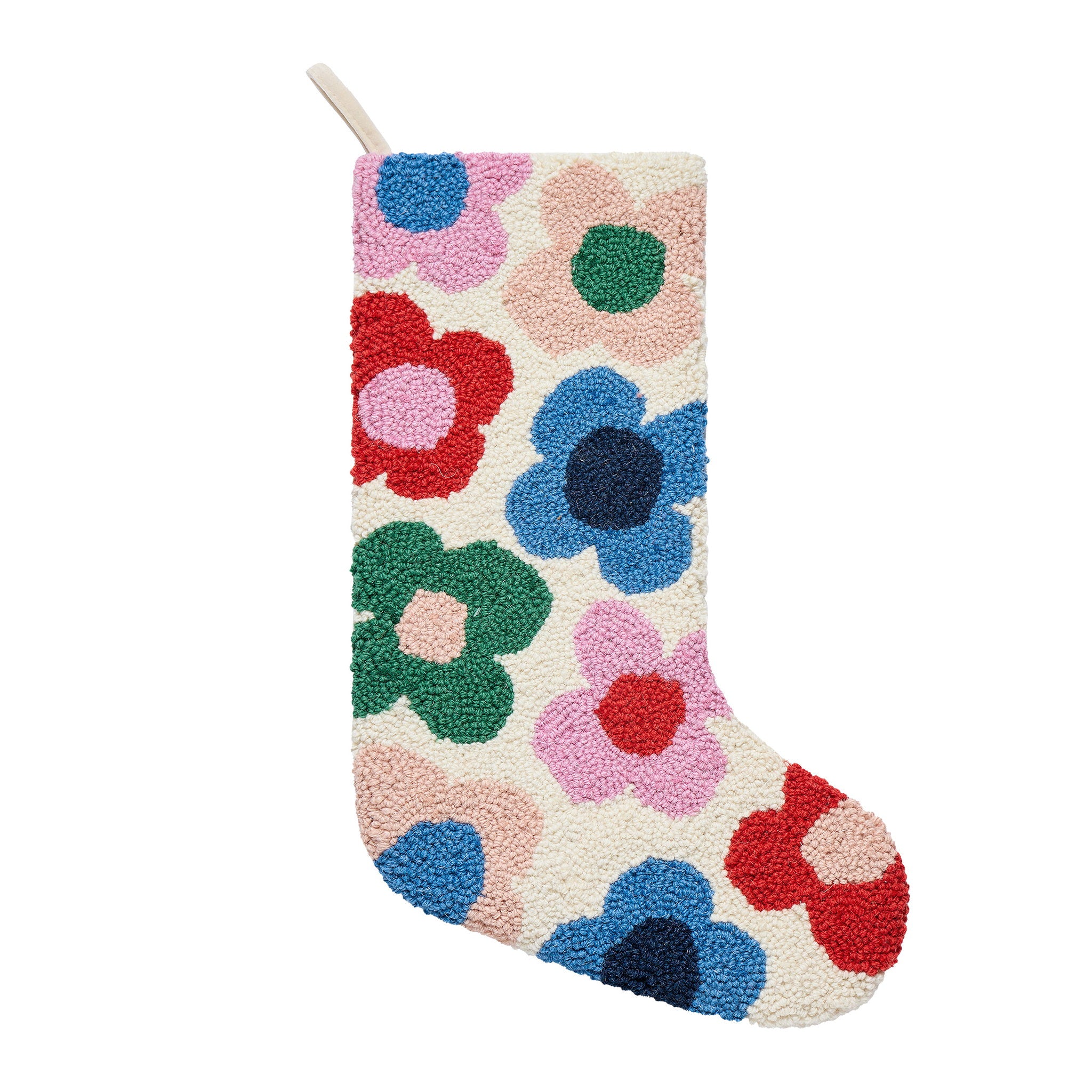 Floral Toss Hooked Wool Christmas Stocking, 12x20 inch, front view