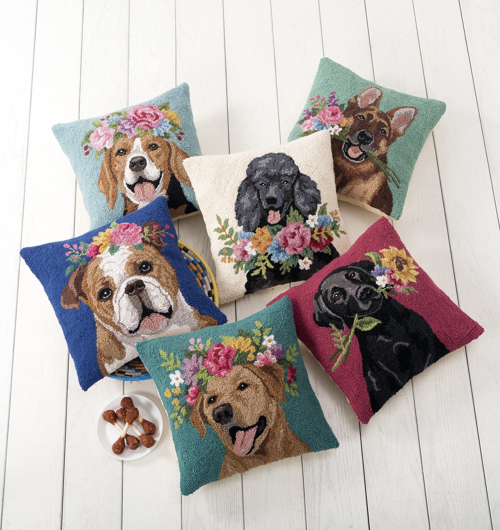 Floral Yellow Lab Hooked Wool Throw Pillow shown alongside other designs in the same collection, 18x18 inch