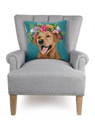 Floral Yellow Lab Hooked Wool Throw Pillow on an armchair, showing the throw pillow at room scale, 18x18 inch