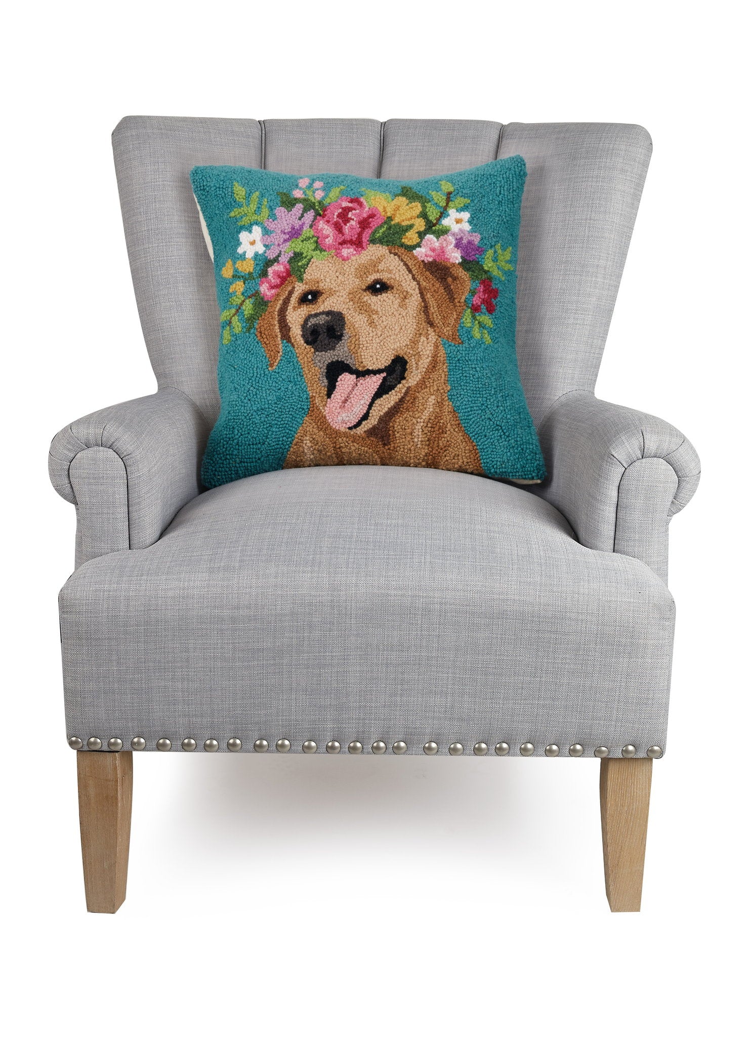 Floral Yellow Lab Hooked Wool Throw Pillow on an armchair, showing the throw pillow at room scale, 18x18 inch